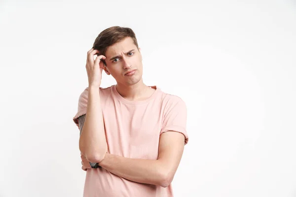 Image Brooding Caucasian Man Basic Shirt Thinking Scratching His Head — Stock Photo, Image