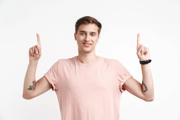 Image Brunette Young Man Basic Shirt Smiling Pointing Fingers Upward — Stock Photo, Image