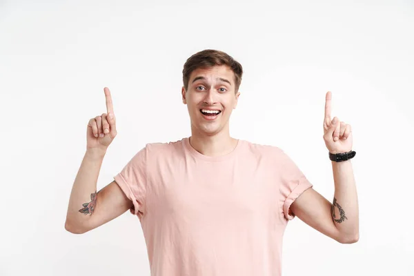 Image Cheerful Caucasian Man Basic Shirt Smiling Pointing Fingers Isolated — Stock Photo, Image