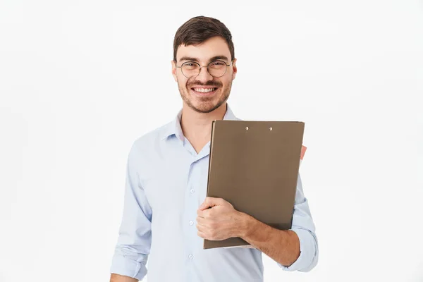 Foto Homem Bonito Alegre Óculos Segurando Arquivo Com Documentos Sorrindo — Fotografia de Stock