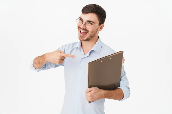 Photo Joyful Handsome Man Eyeglasses Holding Pointing Finger File Documents — Stock Photo, Image