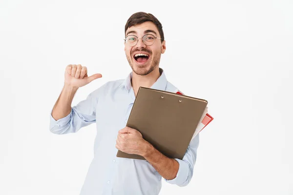 Photo Joyful Handsome Man Holding File Documents Pointing Finger Himself — Stock Photo, Image