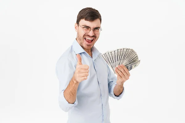 Foto Eines Entzückten Mannes Mit Brille Der Dollars Hält Und — Stockfoto