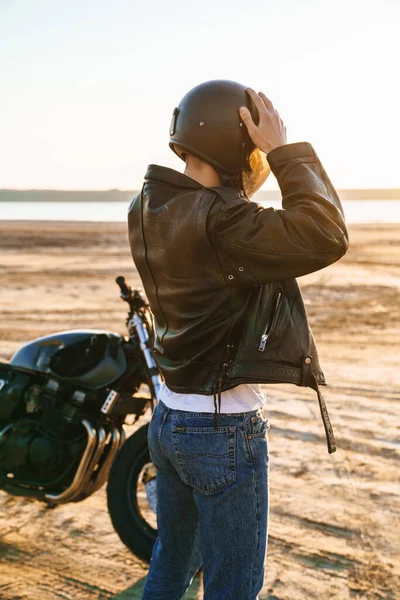 Back View Young Man Wearing Leather Jacket Helmet Standing Motorbike — Stock Photo, Image