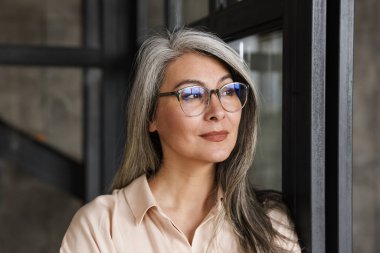 Evde, pencerenin yanında duran olgun, ciddi ve güzel bir kadının resmi.