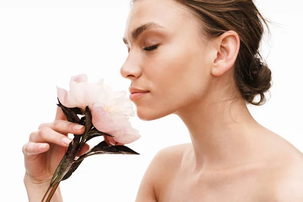Portrait Beautiful Smiling Young Topless Woman Smelling Flowers Isolated White — Stock Photo, Image