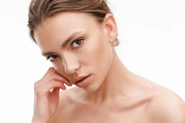 Image Beautiful Caucasian Young Brunette Shirtless Woman Standing Isolated White — Stock Photo, Image