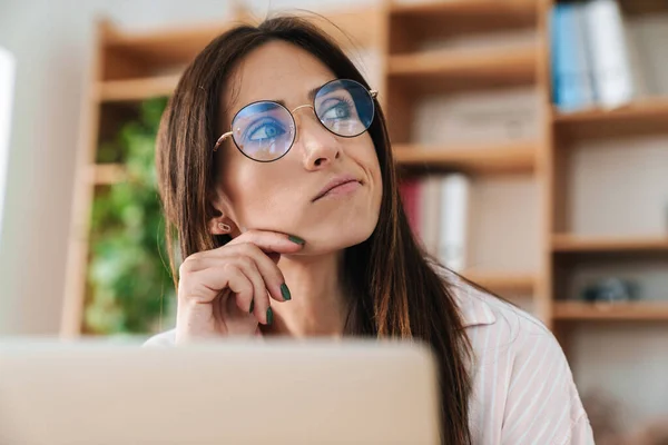 Image Closeup Brooding Adult Businesswoman Eyeglasses Working Laptop Office — Stock Photo, Image