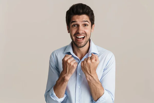 Image Excited Businesslike Brunette Man Making Winner Gesture Screaming Isolated — Stock Photo, Image