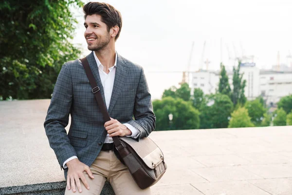 Image Pleased Smiling Handsome Business Man Outdoors Bag — Stock Photo, Image