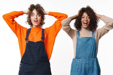 Tulum giymiş, gülümseyen ve beyaz arka planda kafalarını tutan mutlu çok uluslu kadınların portresi.