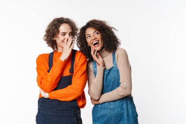 Kafkasyalı neşeli bir kadının portresi. Beyaz arka planda izole edilmiş Afrikalı Amerikalı heyecanlı bir kıza fısıldıyor.