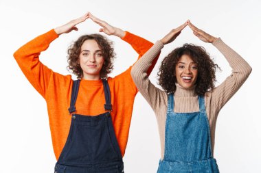 Tulum giymiş komik çok uluslu kadınların portresi başlarını sokacak bir çatı yapıyor ve kolları beyaz arka planda soyutlanıyor.