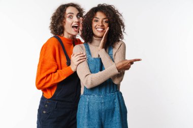 Tulum giymiş çok uluslu kadınların portresi beyaz arka planda izole edilmiş bir şekilde parmağıyla işaret ediyor.