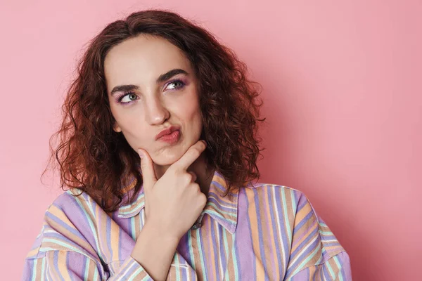 Image Redhead Brooding Woman Thinking Looking Aside Isolated Pink Background — Stock Photo, Image