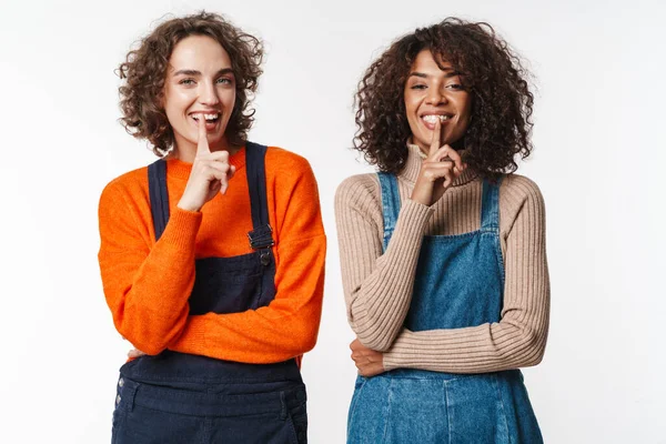 Beyaz arka planda izole edilmiş kameraya el kol hareketi yapan çok uluslu kadın portresi.