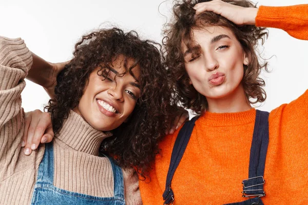 Image Pretty Happy Smiling Two Multiracial Girls Friends Denim Jumpsuits — Stock Photo, Image