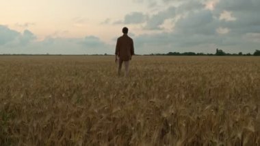 Genç bir adamın arka planı yaz zamanı sahada yürüyor.