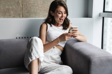 Evdeki kanepede dinlenirken akıllı telefon kullanan esmer kadın görüntüsü