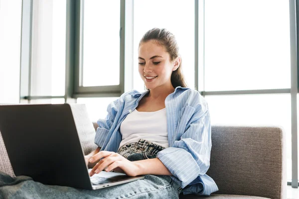 Image Young Happy Smiling Girl Indoors Home Using Laptop Computer — Stock Photo, Image