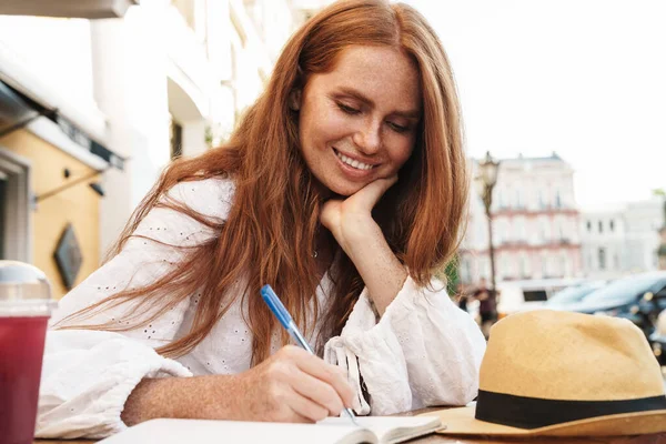 Close Beautiful Smiling Red Haired Woman Sitting Cafe Outdoors Taking — Stock Photo, Image