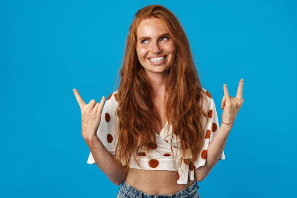 Retrato Uma Garota Louca Mostrando Chifres Até Gesto Isolado Sobre — Fotografia de Stock