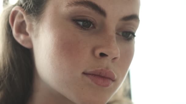 Close View Focused Young Woman Reading Book Sitting Living Room — Stock Video