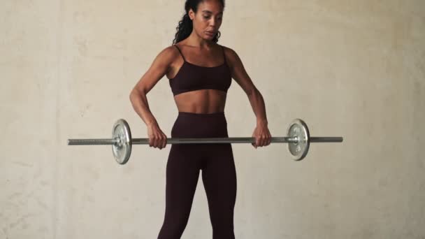 Young African Fitness Concentrated Woman Making Exercise Barbell Isolated White — Stock Video