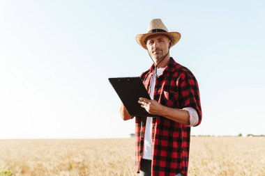 Hasır şapkalı, tahıl gevreği tarlasında durmuş kağıtlarla çalışan, traşsız bir yetişkin resmi.