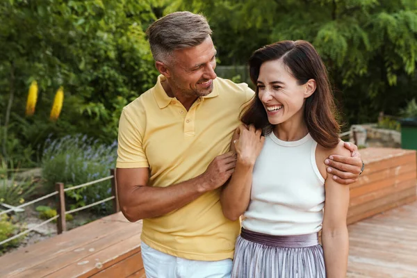 Portrait Smiling Middle Aged Couple Man Woman Laughing Hugging While — Stock Photo, Image