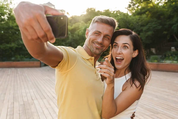 Portrait Excited Adult Couple Man Woman Taking Selfie Photo Cellphone — Stock Photo, Image