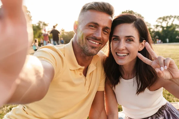 Image Cheery Positive Cute Adult Loving Couple Outdoors Beautiful Green — Stock Photo, Image