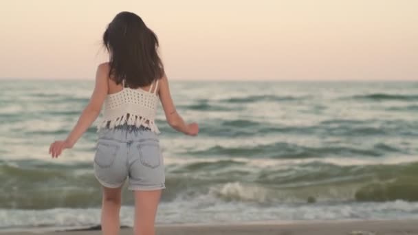 一个年轻姑娘的背影跑到海里去了 — 图库视频影像