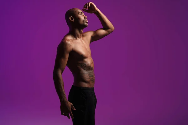 Зображення Атлетичного Напівголого Афроамериканського Чоловіка Татуюванням Камері Ізольоване Над Фіолетовою — стокове фото