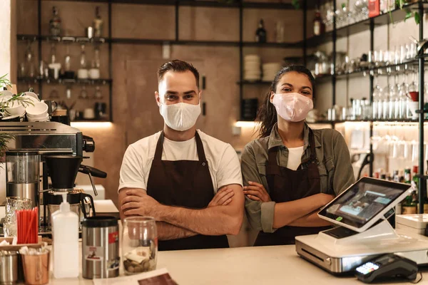 Propriétaires Cafés Avec Masques Faciaux Confinement Quarantaine Coronavirus Retour Concept — Photo