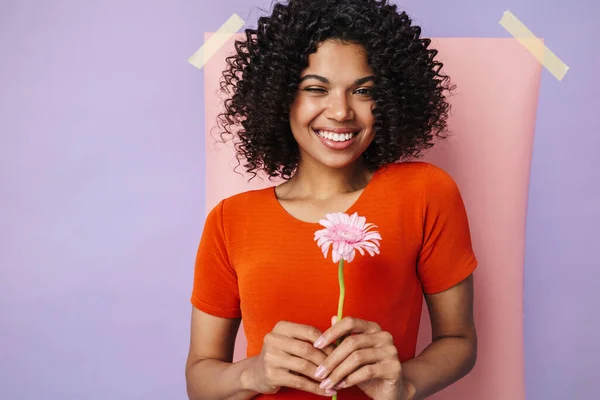 Bild Einer Lachenden Afrikanisch Amerikanischen Frau Die Mit Blume Vor — Stockfoto