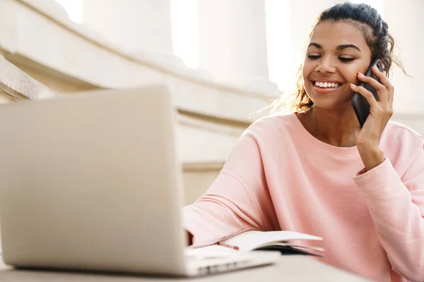 Image Smiling African American Student Girl Doing Homework Laptop While — Stock Photo, Image