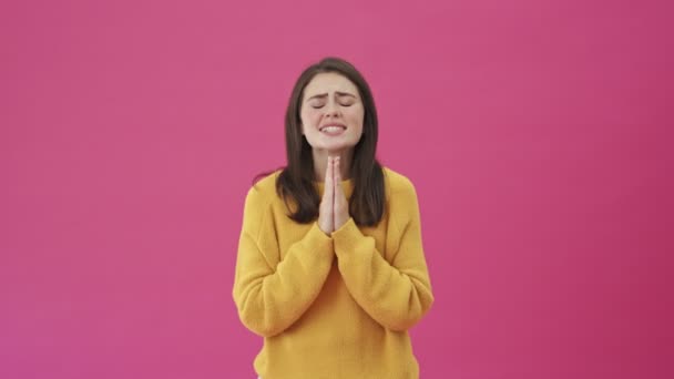 ピンクの背景に隔離された立って祈りのジェスチャーをしながら何かを求めている黄色のセーターのかなり素敵な女性 — ストック動画