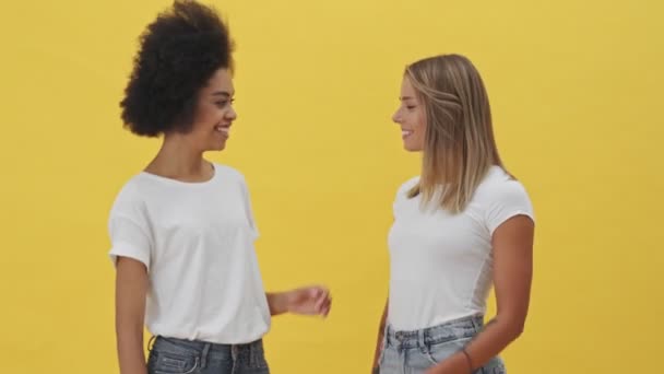 優しい女性は黄色の背景の上に隔離された立って握手している — ストック動画