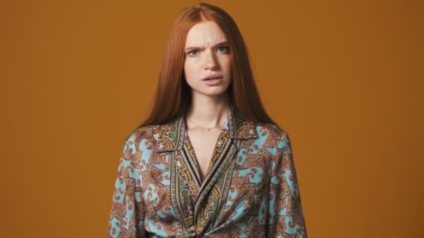 Disappointed Young Woman Doing Stop Gesture Standing Isolated Brown Background — Stock Video