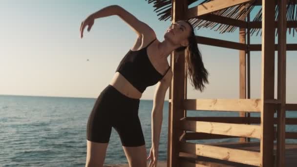 Une Belle Jeune Femme Fait Des Exercices Yoga Sur Plage — Video