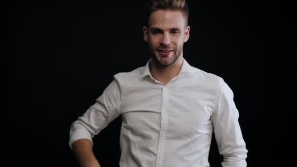 Handsome Young Man Posing Standing Isolated Black Background — Stock Video