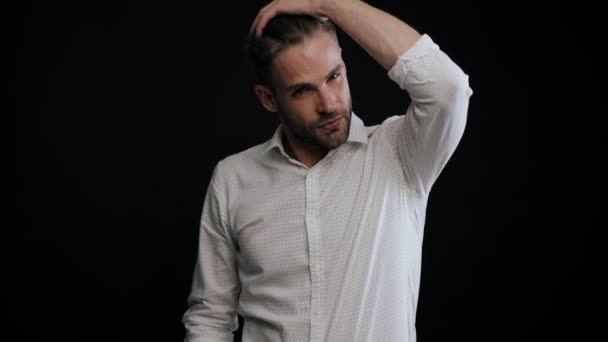 Attractive Young Man Posing Standing Isolated Black Background — Stock Video