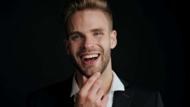 Close View Happy Young Man Laughing Standing Isolated Black Background — Stock Video