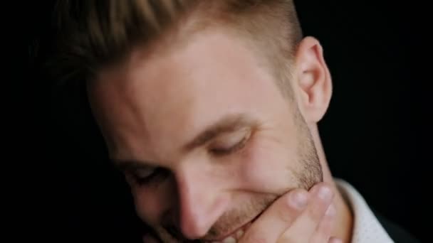 Close View Pleased Young Man Rejoicing While Touching His Hairstyle — Stock Video