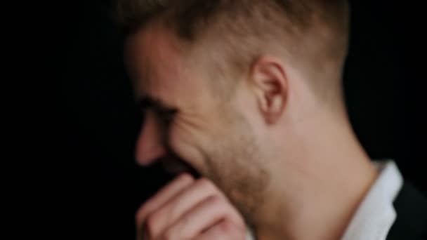 Close View Happy Young Man Rejoicing While Touching His Hairstyle — Stock Video