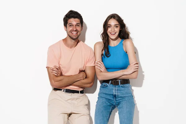 Imagen Pareja Feliz Atractiva Sonriendo Mirando Cámara Aislada Sobre Fondo — Foto de Stock