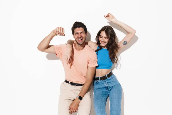 Imagen Pareja Feliz Atractiva Sonriendo Bailando Cámara Aislada Sobre Fondo — Foto de Stock