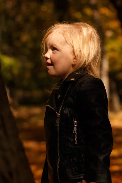 Klein Meisje Een Leren Jas Spelen Het Najaar Park — Stockfoto