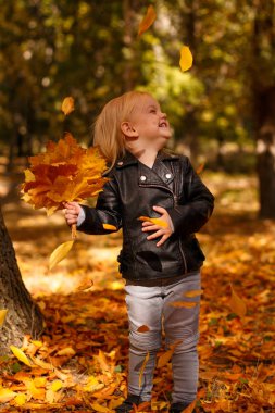 Sonbahar parkta oynarken bir deri ceket, küçük kız.